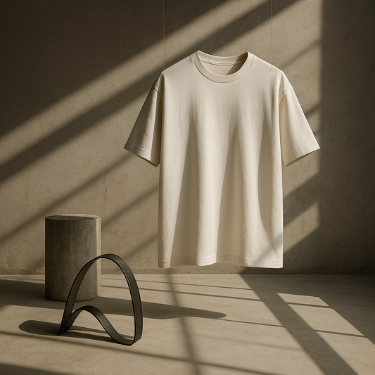 Cremefarbenes Basic-T-Shirt aus Bio-Baumwolle, minimalistisch inszeniert im Lichtspiel vor Betonwand – hängend ohne sichtbaren Aufhänger